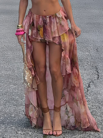 ピンク花柄ハイローイレギュラーヘムレイヤードロングスカート 2025