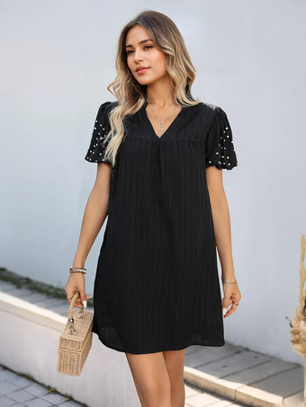 ブラック ラインストーン付きショートスリーブVネックブラックシフトミニドレス2025