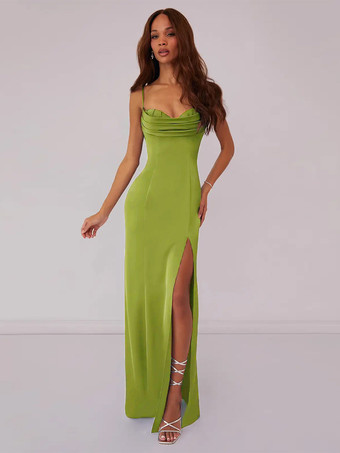 アボカドグリーンブライズメイドドレス ボールガウン フロアレングス レースアップ ポリエステル ウェディング パーティードレス