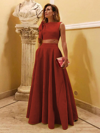 ブリックレッドイブニングドレス ボールガウン デザインネックライン フロアレングス ノースリーブ ジッパー リボン ストレッチ クレープ フォーマル パーティードレス