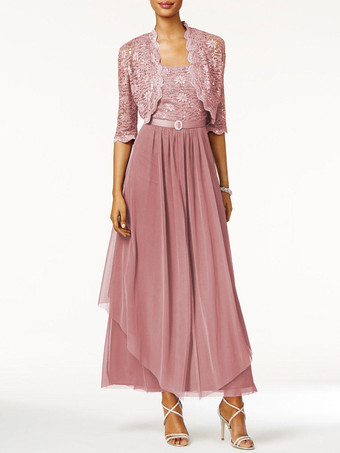 サーモンピンク花嫁のドレスの母2個ラインレース足首の長さのウェディングゲストドレス