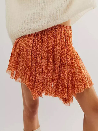 オレンジハイウエストプリントイレギュラーミニスカート 2025