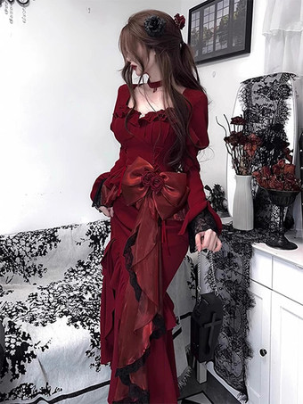 ゴシックロリータドレス 花 レース バーガンディ バーガンディ