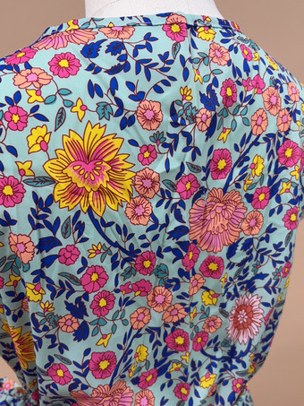 ボヘミアンワンピース ライトスカイブルー マキシワンピース 半袖 ポリエステル 花柄 スプリット 編み上げ レディースファッション Vネック レディースワンピース