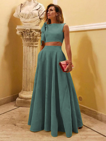 ブルーグリーンイブニングドレス ボールガウン デザインネックライン フロアレングス ノースリーブ ジッパー リボン ストレッチ クレープ フォーマル パーティードレス