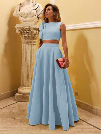 ベビーブルーイブニングドレス ボールガウン デザインネックライン フロアレングス ノースリーブ ジッパー リボン ストレッチ クレープ フォーマル パーティードレス