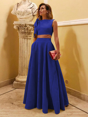 ロイヤルブルーイブニングドレス ボールガウン デザインネックライン フロアレングス ノースリーブ ジッパー リボン ストレッチ クレープ フォーマル パーティードレス