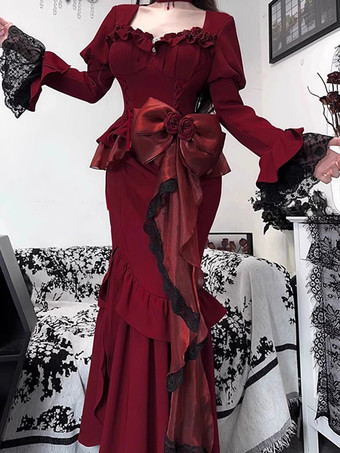 ワインレッド ゴシックロリータドレス 花 レース バーガンディ バーガンディ