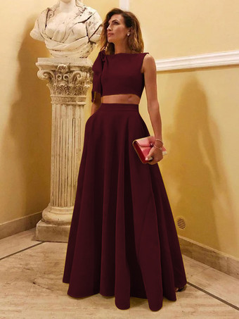 バーガンディーイブニングドレス ボールガウン デザインネックライン フロアレングス ノースリーブ ジッパー リボン ストレッチ クレープ フォーマル パーティードレス