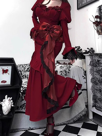 ゴシックロリータドレス 花 レース バーガンディ バーガンディ