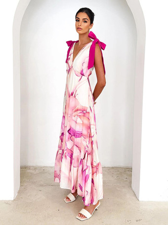 プリント柄Vネックタイショルダーストラップマキシドレス（レディース）2025