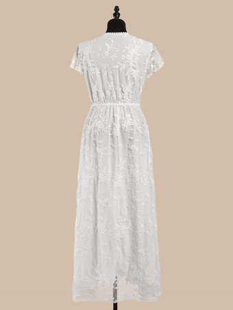 Vネック マキシドレス 半袖 カジュアル フロア丈ドレス