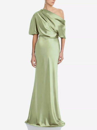セージグリーンマザードレス ワンショルダー 半袖 マーメイド プリーツ マキシレングス ウェディング ゲストドレス