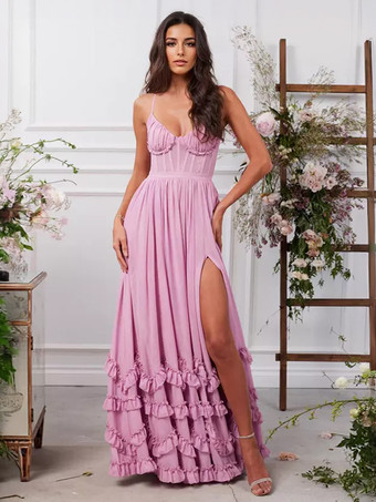 ピンクピンクのレイヤードフリルマキシパーティードレス ハイスリットストラップドレス 2025