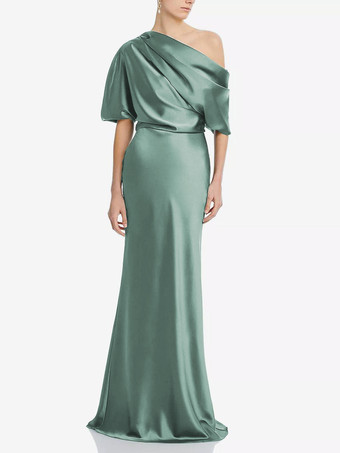 アボカドグリーンマザードレス ワンショルダー 半袖 マーメイド プリーツ マキシレングス ウェディング ゲストドレス