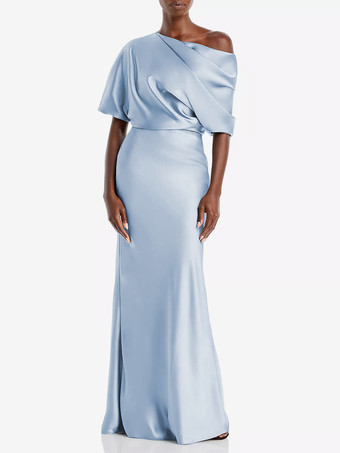 ベビーブルーマザードレス ワンショルダー 半袖 マーメイド プリーツ マキシレングス ウェディング ゲストドレス