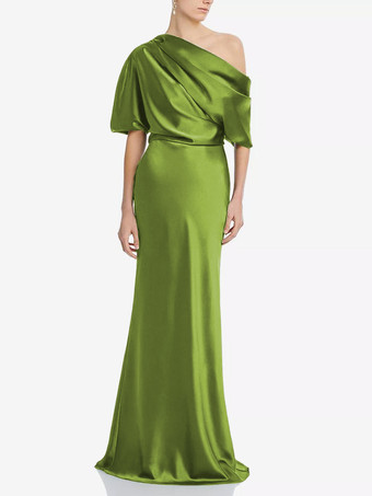 黄緑色マザードレス ワンショルダー 半袖 マーメイド プリーツ マキシレングス ウェディング ゲストドレス