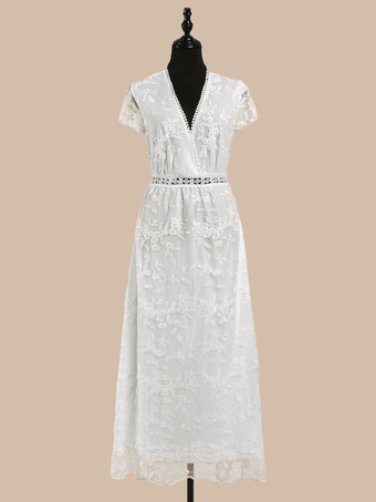 Vネック マキシドレス 半袖 カジュアル フロア丈ドレス