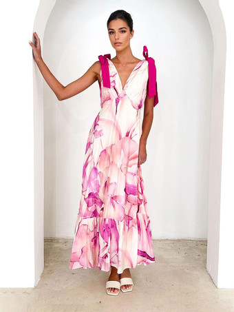 ピンクプリント柄Vネックタイショルダーストラップマキシドレス（レディース）2025