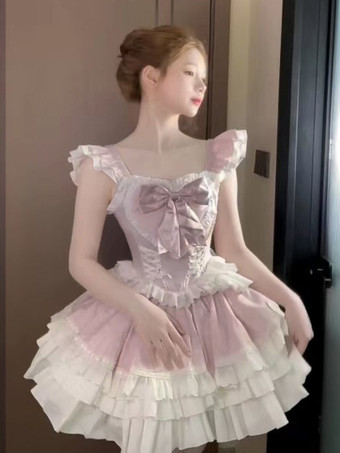 スイートロリータドレス ポリエステル ノースリーブ 蝶結び スイートジャンパー ロリータ Jsk