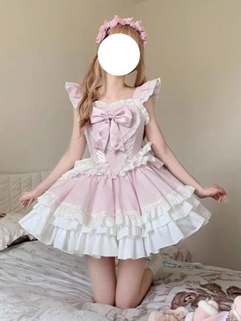 ピンクスイートロリータドレス ポリエステル ノースリーブ 蝶結び スイートジャンパー ロリータ Jsk