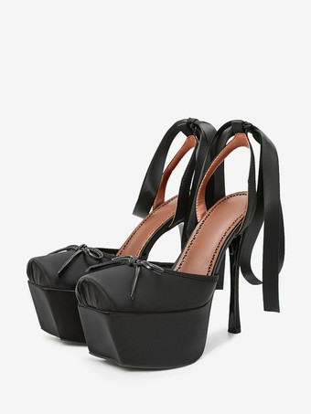Black Women's High Heels Satin Platform Bow Lace Up Party Shoes 2025