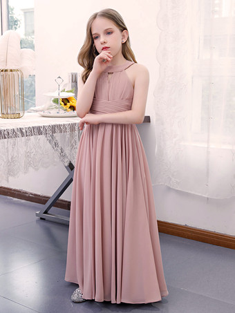 フラワーガールドレスシフォンプリーツホルターノースリーブロータスピンク