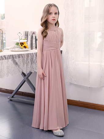 フラワーガールドレスシフォンプリーツホルターノースリーブロータスピンク