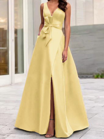 スイセン色イブニングドレス Aライン Vネック サテン生地 フロアレングス リボン フォーマルディナードレス