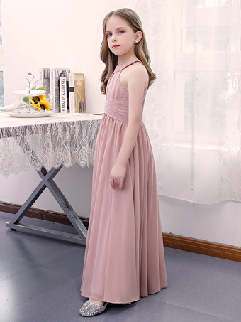 フラワーガールドレスシフォンプリーツホルターノースリーブロータスピンク