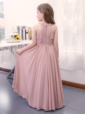 フラワーガールドレスシフォンプリーツホルターノースリーブロータスピンク