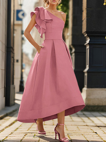 カメオピンクブライダルマザードレス ワンショルダー ノースリーブ プリーツ アンクル丈 Aライン ウェディングゲストドレス