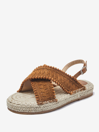 ブラウン レディース フラットサンダル ビーチサンダル ラウンドトゥ レースアップサンダル ボヘミアン ウェディングシューズ