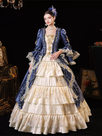 Victoriano De Estilo Vintage Disfraces   azules Vestido de poliéster con volantes de encaje para mujer Disfraz renacentista de María Antonieta Disfraz del siglo XVIII