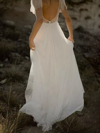 シンプルなウェディングドレス Vネック 半袖 トレーン付き レース ブライダルドレス