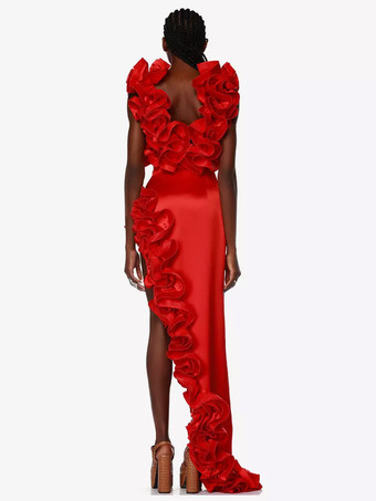 シックな赤いドレス、フリル、ノースリーブ、バックレス、アシンメトリーなパーティーミニドレス