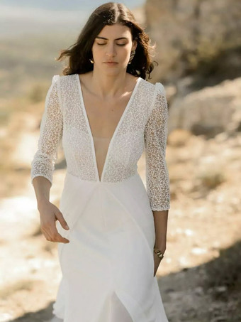 ホワイトシンプルなウェディングドレス、トレーン付きボールガウン、7分袖、レース、Vネックのブライダルドレス