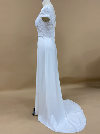 ボヘミアンウェディングドレス レース レース ボールガウン スイープ ナチュラルウエスト ウェディングドレス 機能的なボタン 半袖 Vネック アイボリー