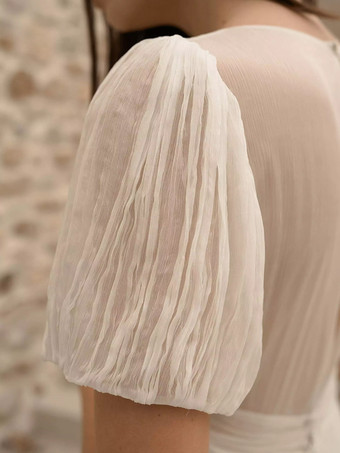 シンプルなウェディングドレス ボールガウン Vネック 半袖 プリーツブライダルガウン