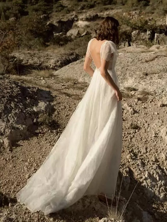 シンプルなウェディングドレス Vネック 半袖 トレーン付き レース ブライダルドレス