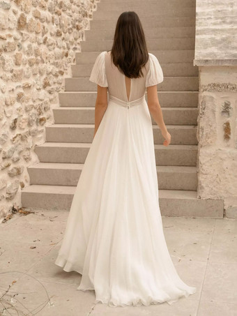 シンプルなウェディングドレス ボールガウン Vネック 半袖 プリーツブライダルガウン