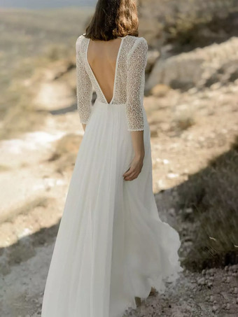 シンプルなウェディングドレス、トレーン付きボールガウン、7分袖、レース、Vネックのブライダルドレス