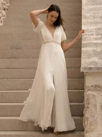 シンプルなウェディングドレス ボールガウン Vネック 半袖 プリーツブライダルガウン