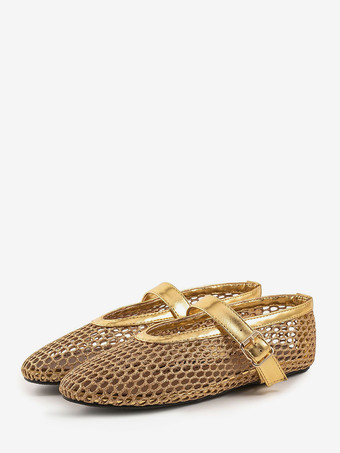 ゴールド レディース ブラック バレエ フラット ラウンド トゥ フィッシュネット メリージェーン バレリーナ フラット