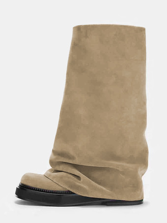 カーキ レディース スエード フラットブーツ ラウンドトゥ ルーシュ フォールドオーバー ニーハイブーツ