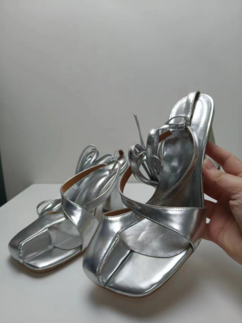 Silver Pink Split Toe Sandals Block Heel Strappy Sandals