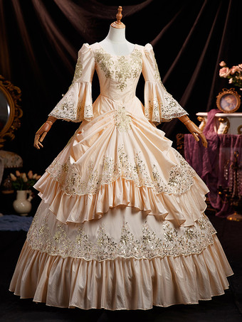 シャンパンカラービクトリア朝のドレス フリル フレア ハーフスリーブ ドレス マリー アントワネット コスチューム