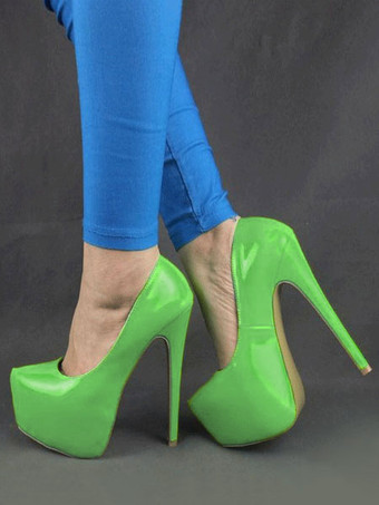 グリーン セクシーなハイヒール　2025　プラットフォーム　アーモンド　パテントレザー　スチレットヒール　スリップオンパンプス女性用