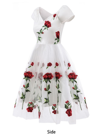 ブラックヴィンテージドレス　2025　1950sオフショルダー　フラワー刺繍レッド　チュールホームカミングドレス