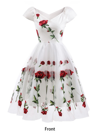 ブラックヴィンテージドレス　2025　1950sオフショルダー　フラワー刺繍レッド　チュールホームカミングドレス